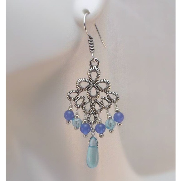 Blue, Aqua and Silver Peacock Chandelier Earrings - Picture 2 of 3